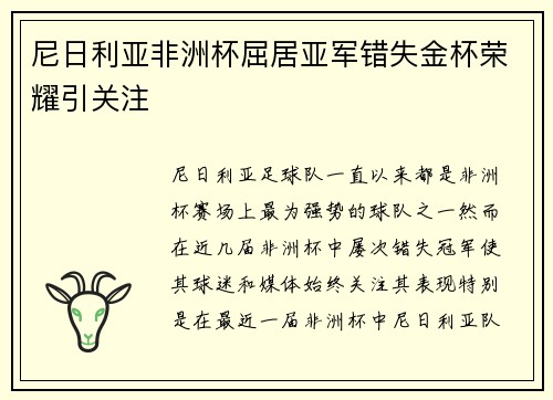 尼日利亚非洲杯屈居亚军错失金杯荣耀引关注