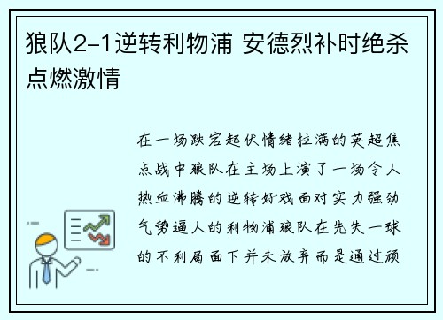 狼队2-1逆转利物浦 安德烈补时绝杀点燃激情