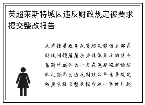 英超莱斯特城因违反财政规定被要求提交整改报告