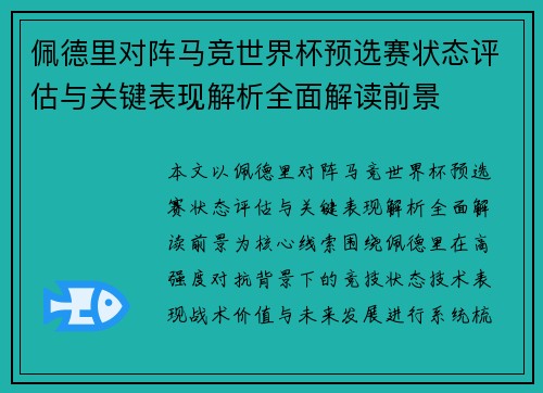 佩德里对阵马竞世界杯预选赛状态评估与关键表现解析全面解读前景