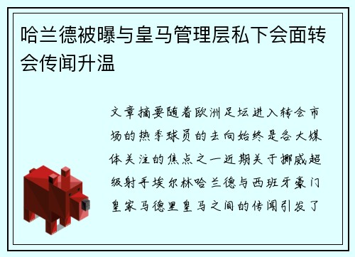 哈兰德被曝与皇马管理层私下会面转会传闻升温 哈兰德被曝与皇马管理层私下会面转会传闻升温